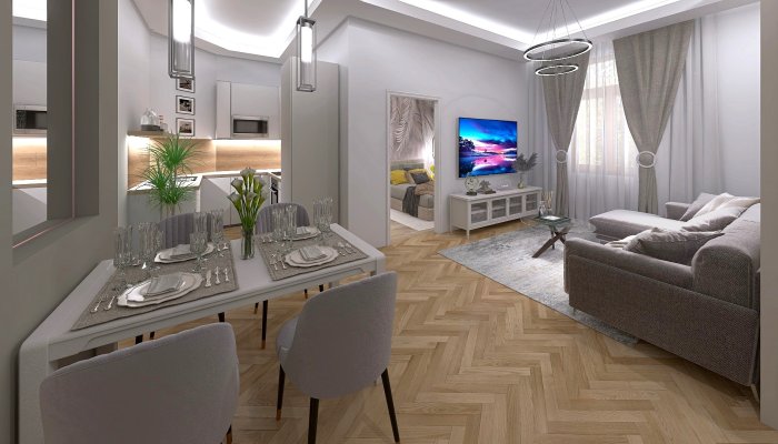 Jókai tér - nappali, konyha, étkező - 3D terv